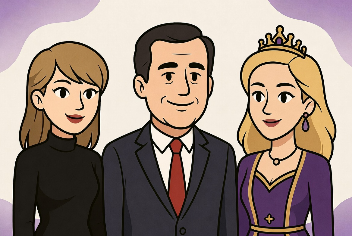 Taylor Swift in black turtleneck with Jeb Bush and Jebra as Queen of America cartoon